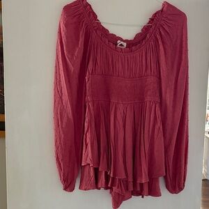Urban Outfitters Raspberry Red Long-Sleeve Smocked Romper Top
